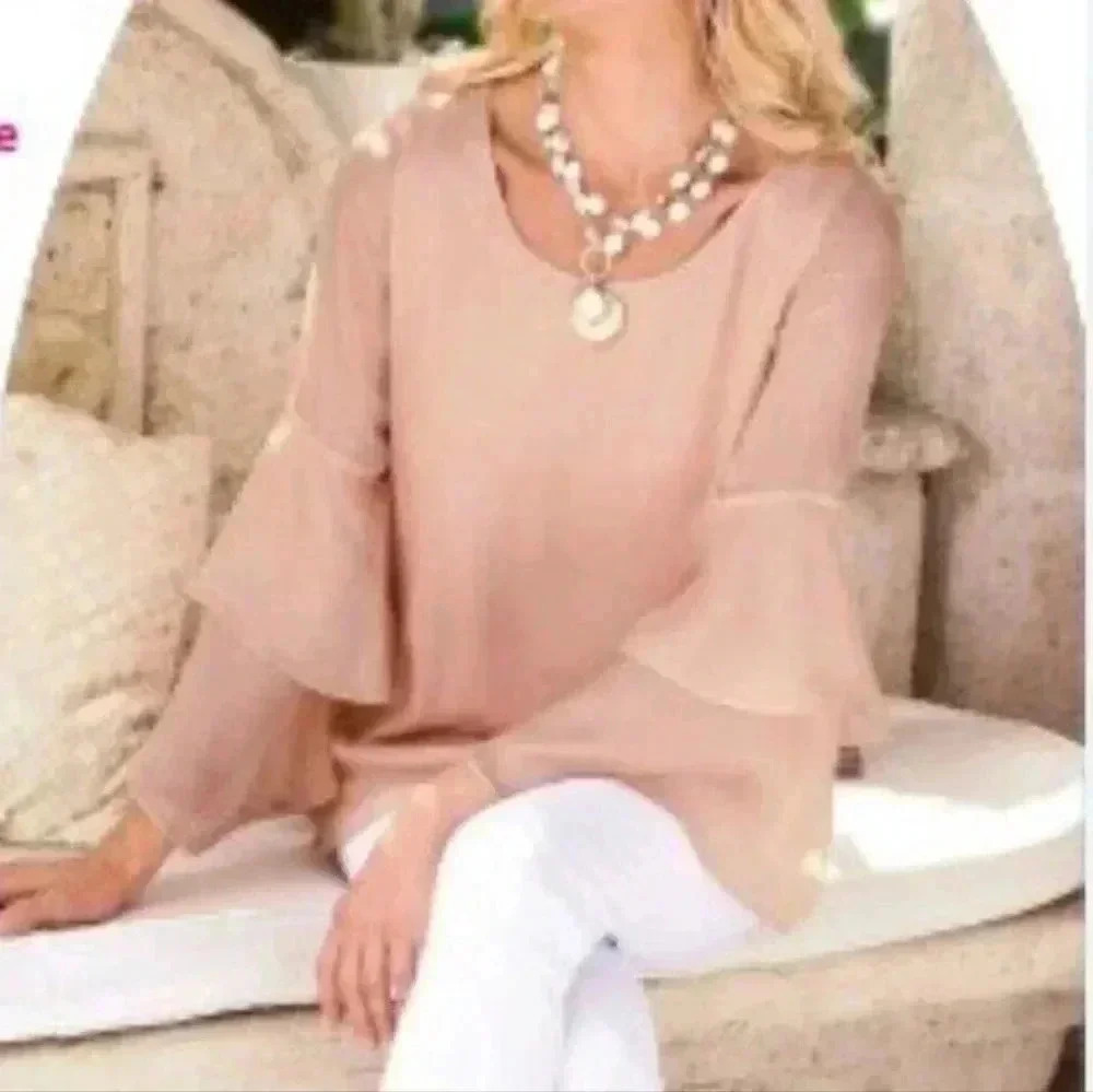 Soft Surroundings Ruffled Sleeve 100% Silk Blush Pink‎ Boho Blouse